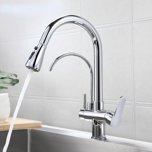 Chrome Filter For Kitchen Faucets Pull-Out 360 Degree Rotating 3 Ways Tap Hot Cold Water Mixer Brass Tap