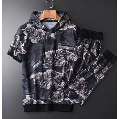 Classic Hooded Men Sets (T-Shirts+Pants) Luxury Allover Printed Short Sleeve Man Sets Plus Size 4xl Summer Slim Fit Mens Sets