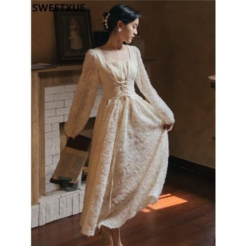 SWEETXUE French Palace Style Cross Lace-Up Lace Dress 2021 New Womens Temperament Slim Sweet Cute Chic Fairy Dress Female