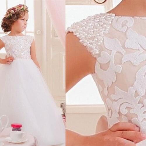 Lace Pearls Flower Girl Dresses Off Shoulder Tulle Children Wedding Dresses Elegant Little Girl Pageant Dresses