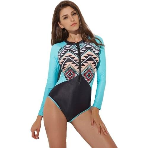 Long Sleeve Swimwear Women Geometric Patchwork Bodysuit One Piece Surfing Swimsuits Front zipper Rash Guard Swimwear