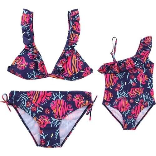 New Mom Baby One Piece Swimsuit Women Low Waist Swimwear Girls Print Bathing Suit Parent-child Beachwear Ruffle Triangle Bikini