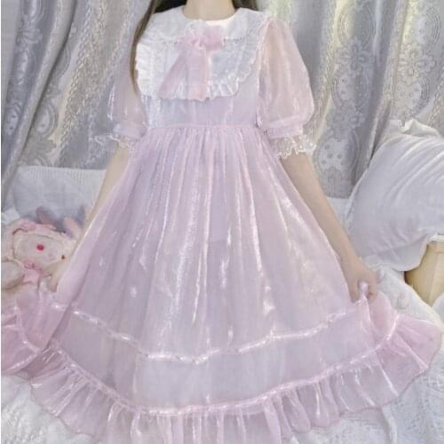 Summer Lolita Sweet Cosplay Dress Teens Peter Pan Collar Cute Kawaii Soft Girl Pink Puff Sleeve Ruffle Princess Dresses Black