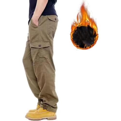 Mens Winter Thicken Fleece Cargo Pants Double Layer Straight Pants Men Casual Cotton Military Tactical Baggy Pant Warm Trousers
