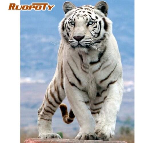 RUOPOTY Oil Painting By Numbers Kits For Adults Children 60x75cm White Tiger Animal Paint By Number Home Decoration Art Photo