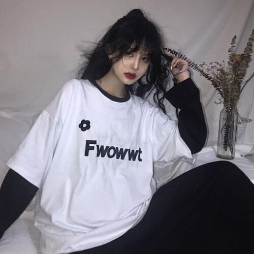 Autumn Korean version of loose ins Harajuku style personality white fake two-piece long-sleeved T-shirt female student