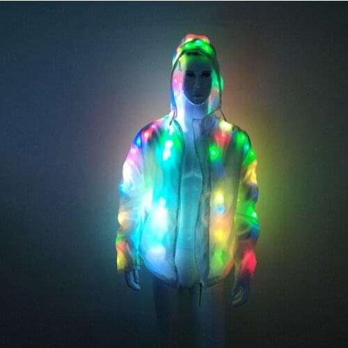 Couple Halloween LED Hooded Stage Jacket Men Holiday Season Sparkling LED Light Up White Jacket Coat Plus Size Nightclub Clothes