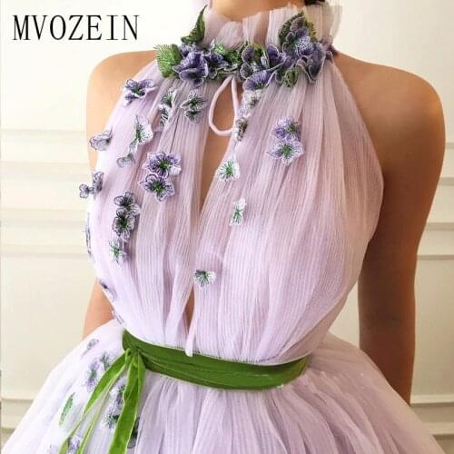 Elegant Lilac Evening Dress 3D Flower High Collar Party Wear Long Prom Dresses 2020 Sleevelss Formal Gowns vestido de festa