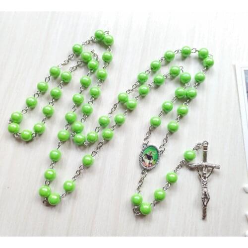 QIGO Green Acrylic Rosary Necklace Metal Cross Religious Pray Jewelry