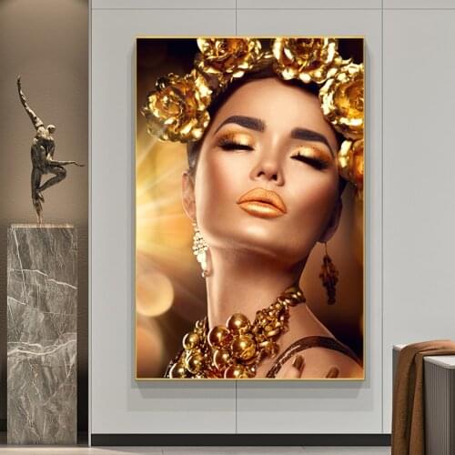 Luxury Woman with Gold Rose Flower Canvas Painting Modern Posters and Print Wall Art Picture for Living Room Cuadros Decoration