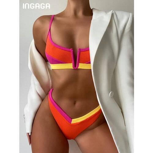 INGAGA Sexy Bikinis Ribbed Swimwear Womens Swimsuit Push Up Bathing Suit 2021 Solid Patchwork Biquini Thong High Cut Bikini Set