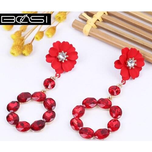 BOSI Red Flower Earrings Fashion Jewelry Crystal Earrings Women Drop Rhinestone Earrings Boho Earrings Luxury Earring Circle cc