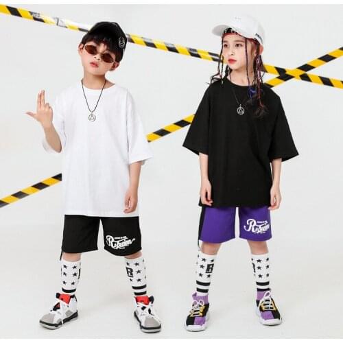 Girls Boys Ballroom Hip Hop Dancing Costumes for Kids Jazz Dance Clothes Loose T Shirt Oversized Tops Short Jogger Pants Wear