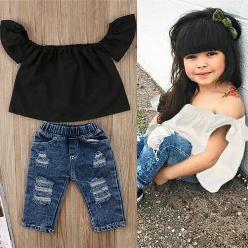 Toddler Kid Baby Girl Off Shoulder Tops Shirt Denim Hole Long Pant Outfit Set