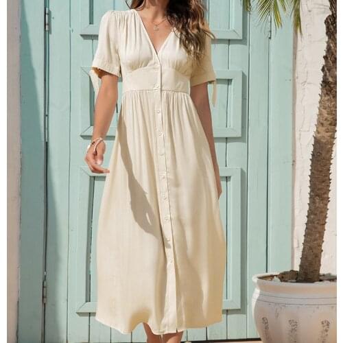 Uclio Single Breasted Dress Women Casual V Neck Summer Dress Ladies Holiday Style High Waist A-Line Dresses