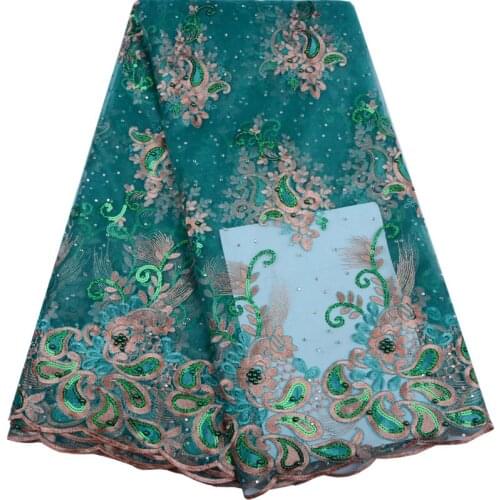 Green Latest Sequins French African Lace Fabric High Quality African Embroidered Tulle Lace Fabric For Wedding Dress Fashion 986