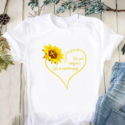 Sunflower Jesus Its Not Religion Its A Relationship T Shirt Women Short Sleeve Sunflower Jesus Shirt Christian T-Shirt Clothes