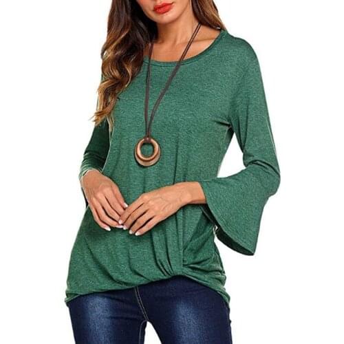 Women Nine Quarter Sleeve Round Collar Flare Sleeve T-shirt Solid Color Size S To 3XL 2019 Fashion Clothing Female Long Shirt