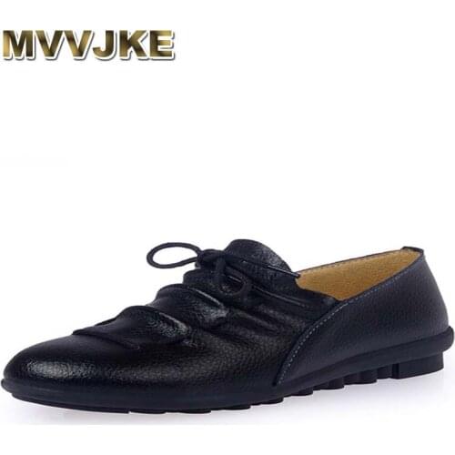 MVVJKE Dress shoes woman party ladies flats plated genuine leather basic female shoes lace-up spring/autumn shoes size 35-40