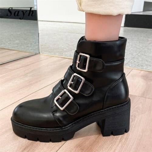 Winter Women Ankle Boots Punk Rock Motorcycle Boots Zipper Metal Buckle Chunky Heels Pu Leather Outdoor Boots Shoes Black Size