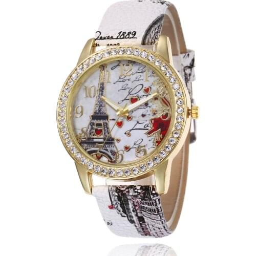 2021 New Arrival Fashion Romantic Eiffel tower Women Dress Watches For Ladies Casual Flower Leather Strap Relogio Feminino Clock
