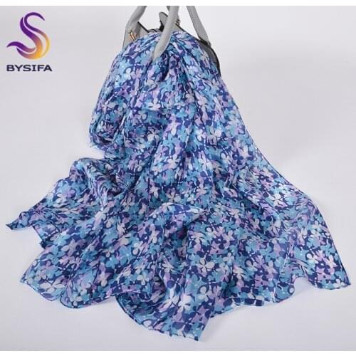 [BYSIFA] Purple Blue Ladies Scarves Hijabs New Luxury Brand 100% Silk Long Scarf Shawl Winter Four-leaf Clover Neck Head Scarves