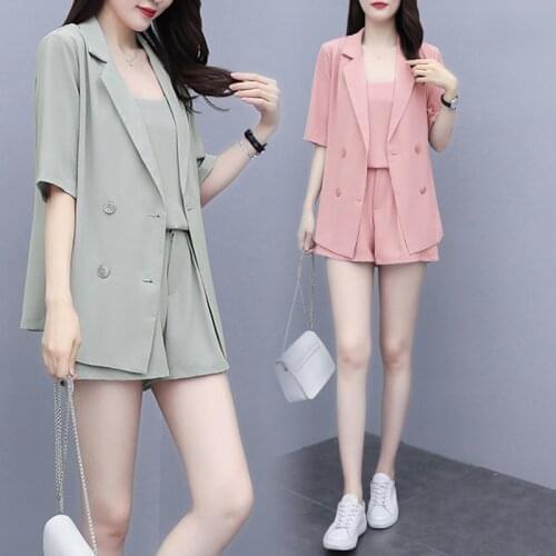 Plus Size Women Summer Suit 2021 New Solid Short Sleeved Blazer Jacket Suspender Shorts Three Piece Elegant Female Pants Set 4XL