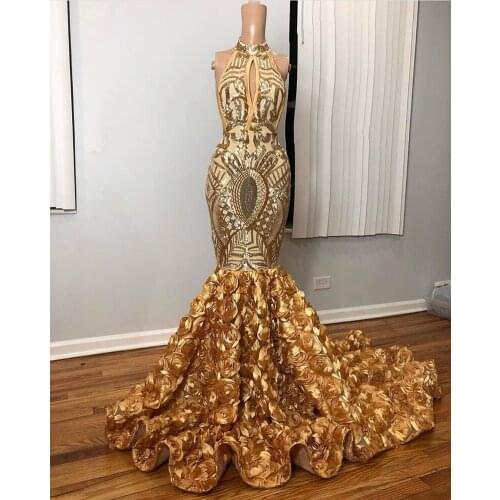 Long Prom Dress 2021 Real Picture African Black Girl Sexy Backless Cut-Out Sequin 3D Flowers Gold Mermaid Prom Dresses