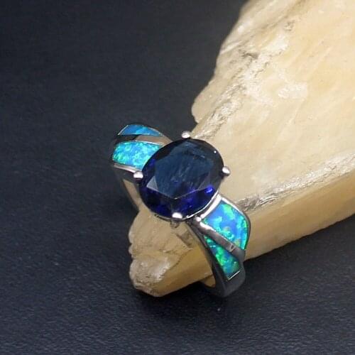 Hermosa Blue Opal Sapphire Wonderful Genuine 925 Silver Band Ring Wedding Engagement Gifts for Women Size 7# 20214331