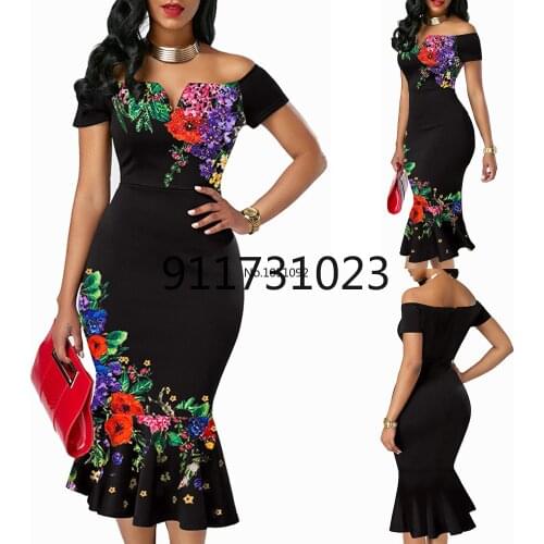 Elegant Sexy Off Shoulder Ruffles Print Bodycon Mermaid Dresses Women Summer Casual Plus Szie Slim Long Party Dress Vestidos