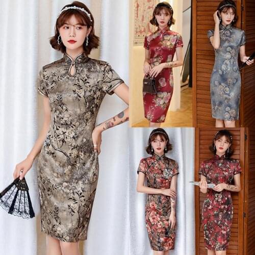 Women Short Sleeve Floral Print Slit Hem Brocade Chinese Cheongsam Midi Dress Cheongsam womens dress dresses for women skirt