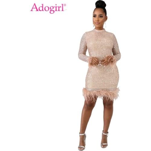Adogirl 2019 New Feather Sequins Dress Mock Neck Long Sleeve Bodycon Mini Night Club Party Dresses Women Sexy Vestidos Outfits