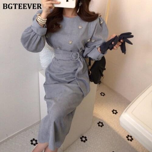 BGTEEVER Elegant O-neck Beading Corduroy Women Dress Puff Sleeve High Waist Sashes Belted Female Long Dress Vestidos 2020 Spring