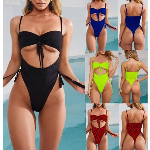 7 Colors Drawstring Swimming Suit Women High Fork One Piece Swimsuit Female Fashion Hollow Out Swimwear Beachwear Bathing Suits