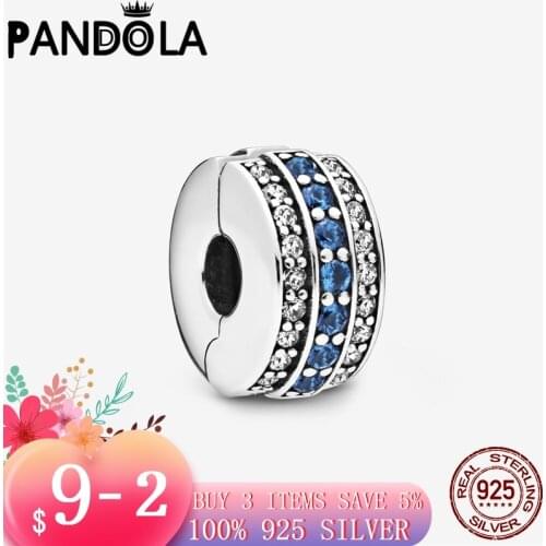 925 Sterling Silver Blue and transparent Pavé fixing clip Beads Bracelet Fit Original Pandora Bracelet DIY Jewelry For Women