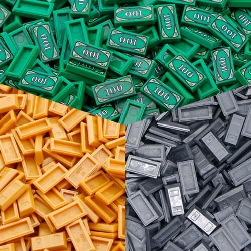 50pcs Cash Dollar Bill City Gold Silver Tile brick Accessories Building Blocks Printed Tile MOC Toy For Children Friends 3069