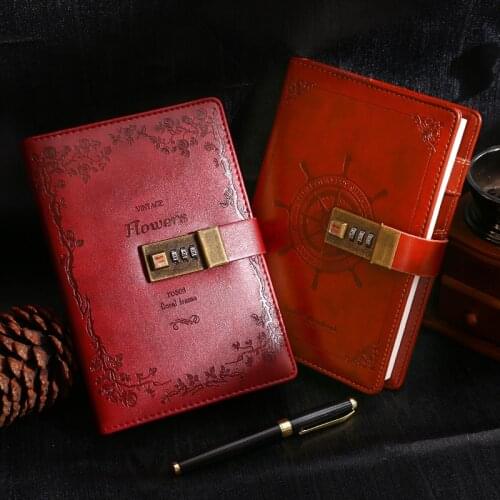 B6 Retro PU Leather Printing Craft Notebook With Lock Password Book Personal Diary Office School Student Teacher Graduation Gift