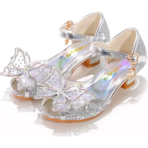 Children Sandals Autumn Little Girl Princess Party Butterfly Crystal Shoes Kids Wedding Flower Girl Shoes Pink Sandals