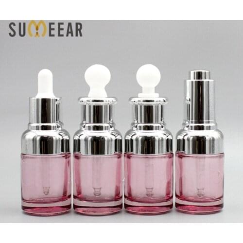 10Pieces/Lot 30ml perfume bottle Pink transparent glass dropper bottle Silver shouldercollar Essential Oil Dropper Bottle