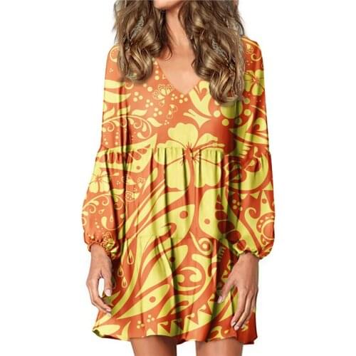 Hycool Polynesian Plumeria Print Yellow Women Lantern Sleeve Casual Dress Sexy V Neck Party Dress Midi Dress For Pregnant Women