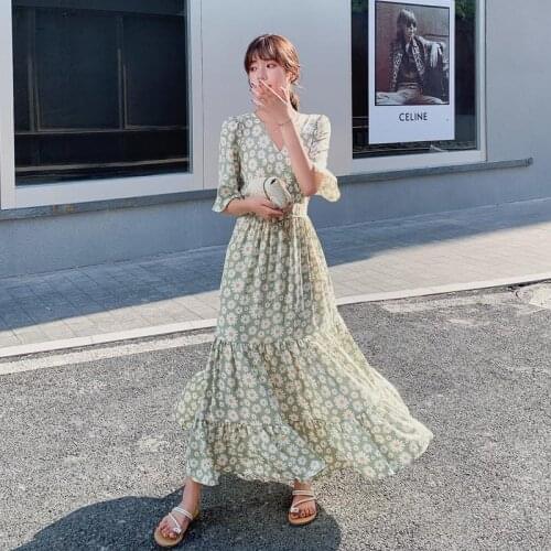 French Vintage Long Casual Women Dresses Chic Party Print Unif Dress Boho Mid-Calf Flare Sleeve Beach Style Summer Clothing