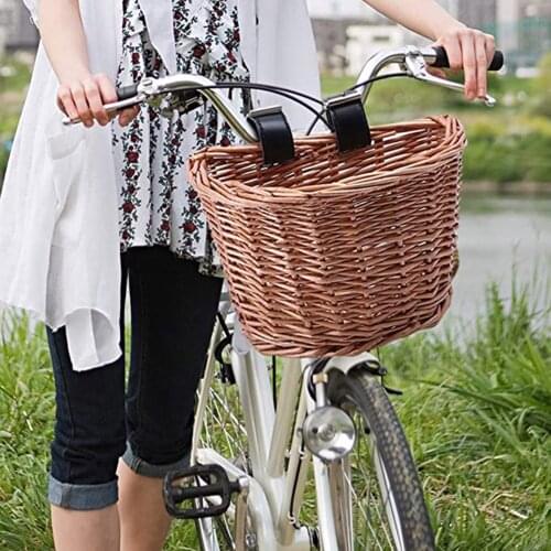 Wicker D-Shaped Bike Basket Hand-Woven Shopping Basket Bicycle Handlebar Storage Basket with Leather Straps ASD88