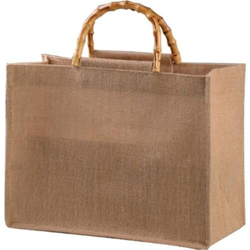 Portable Burlap Jute Shopping Bag Handbag Bamboo Loop Handles Reusable Tote Grocery Bags G5AE
