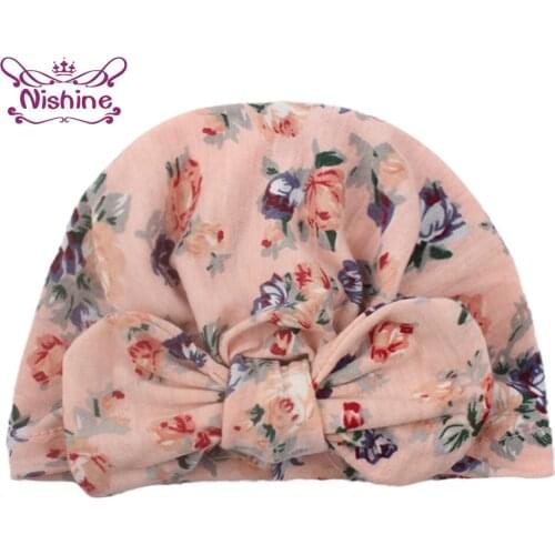 17*13 CM Comfortable Warm Polyester Cotton Infant Hats Cute Flowers Pattern Bows Baby Turban Caps Fashion Print Bowknot Headwear