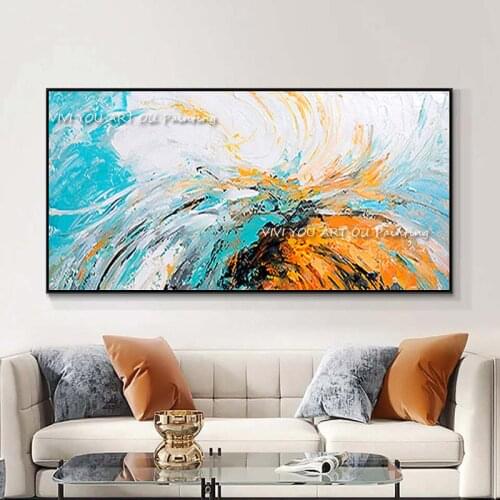 100% Hand painted Abstract Blue Orange Ocean Oil Painting Wall Art for Living Room Office Home Decoration Painting on Canvas