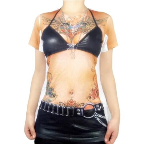 Sexy Halloween Costume for Women Cool Biker Girl Costumes Bike Chick Halloween Short Sleeve Tatoo T Shirt Plus Size