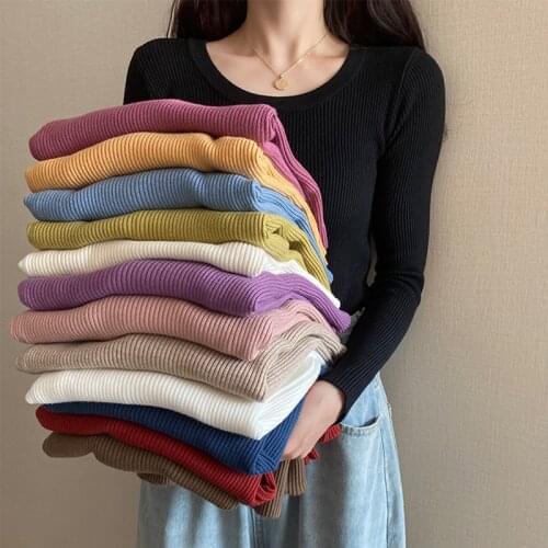 Chic casual Autumn Winter Basic Sweater pullovers Women O-neck Solid Knit Slim Pullover female Long Sleeve warm Khaki Sweater