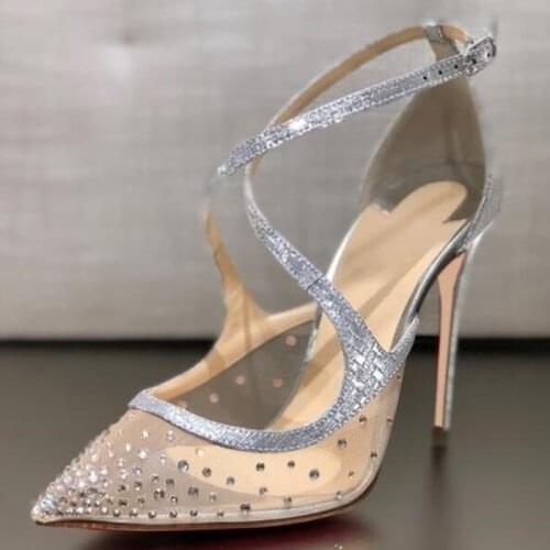 Glitter Sequin High Heel Pumps Mesh Crystal Cross Strap Dress Shoes Pointed Toe Stiletto Heel Celebrating Party Shoes