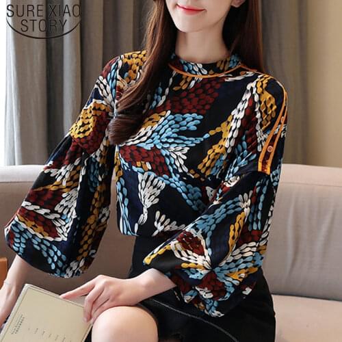 Vintage O-neck Women Tops and Blouse Elegant Puff Sleeve Clothes Korean Stye Women Long Sleeve Print Shirt Blusas 8349 50