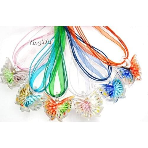 Yingwu Wholesale lots 6pcs Crystal Butterfly Murano Lampwork Glass Pendants Rope Silk Necklaces FREE